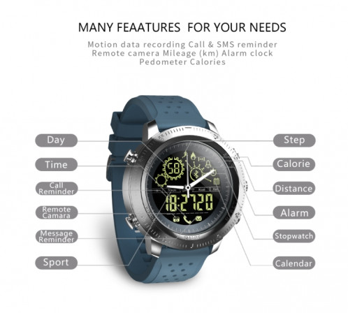 NX02 Sport Smartwatch IP67 Support étanche Tracker Calories Podomètre Smartwatch Chronomètre Rappel SMS (bleu) SH601B1042-013