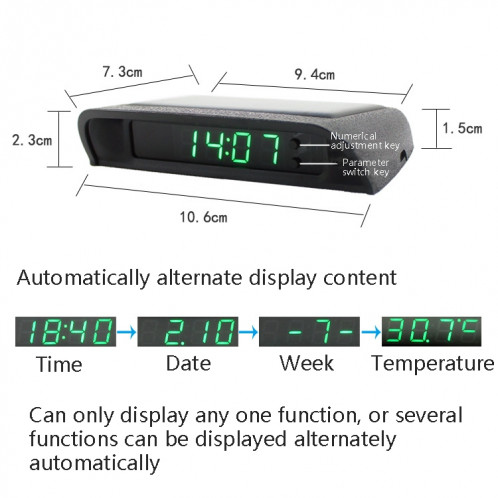 Horloge de voiture de nuit Solar Automobile Horloge électronique Température Température + Date + Semaine + Température (Lumière verte) SH201A1072-07