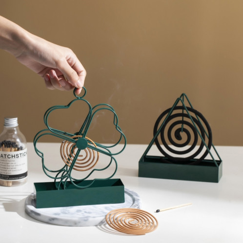 Support de bobine de moustique en fer forgé à suspendre simple, portable, ignifuge, plateau de bobine de moustique, brûleur d'encens, ornements d'herbe à quatre feuilles (vert encre) SH37011422-05