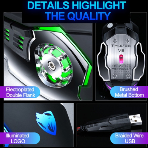 T-Wolf V6 Usb Interface USB 6-boutons 3200 DPI Wired Mouse Jeux Mécanique Macro Programmation Mouscrange Souris de jeu lumineux à 7 couleurs, Longueur du câble: 1.5m (définition de la macro Version silencieuse Star ST601F1803-07