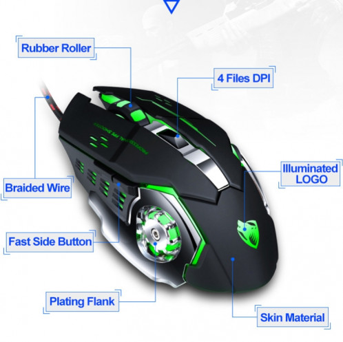 T-Wolf V6 interface USB 6-boutons 3 3200 DPI câblé de souris filaire Mécanique Macro programmation Souris de jeu lumineux à 7 couleurs, Durée du câble: 1,5 m (Version silencieuse de la macro noir argent) ST601E1287-07