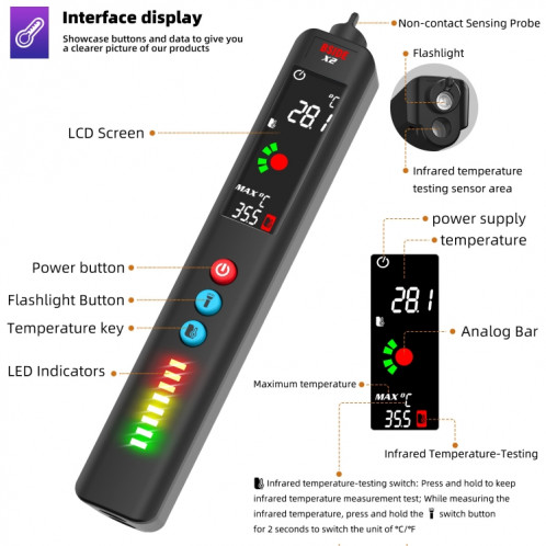 Thermomètre infrarouge à stylo à enclos électrique Bsize X2 à trois modes à trois modes avec éclairage de la lampe de poche SB95851932-07