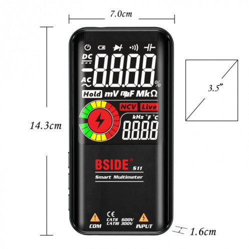 Digital Multimètre Nombre de Bsise 9999 Compte LCD Affichage de couleur LCD Compteur de diode de capacité de tension CC, Spécifications: S10 Sèche Battery Version (Noir) SB8801425-07