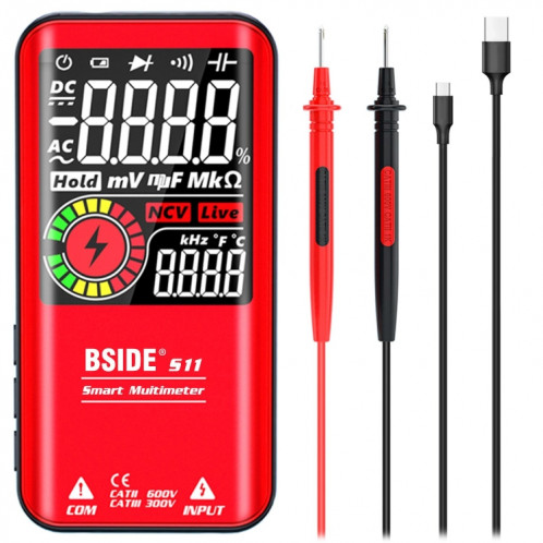 Digital Multimètre Bside numérique 9999 Compte LCD Affichage de couleurs CC Capacittance de tension AC Compteur de diode de la tension CC, Spécifications: Version de recharge S11 (rouge) SB88041483-07