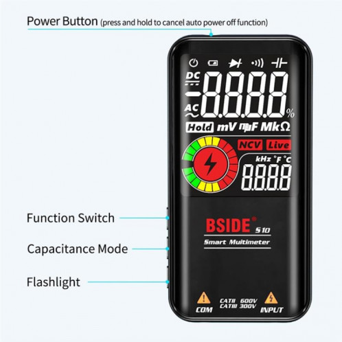 Digital Multimètre Bside numérique 9999 Compte LCD Affichage de couleurs CC Capacittance de tension AC Compteur de diode de la tension CC, Spécifications: Version de recharge S11 (rouge) SB88041483-07