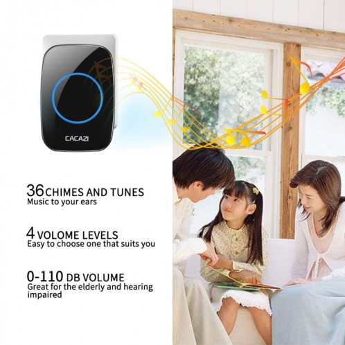 CACAZI H10 1 pour 2 sonnette de musique sans fil pour la maison sans batterie, prise : (noir) SC002B722-07