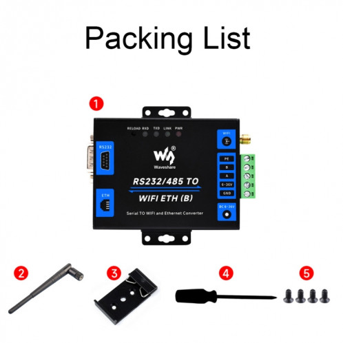 Serveur série de qualité industrielle Waveshare RS232/485 vers port réseau WiFi/Ethernet RJ45 SW3001641-021