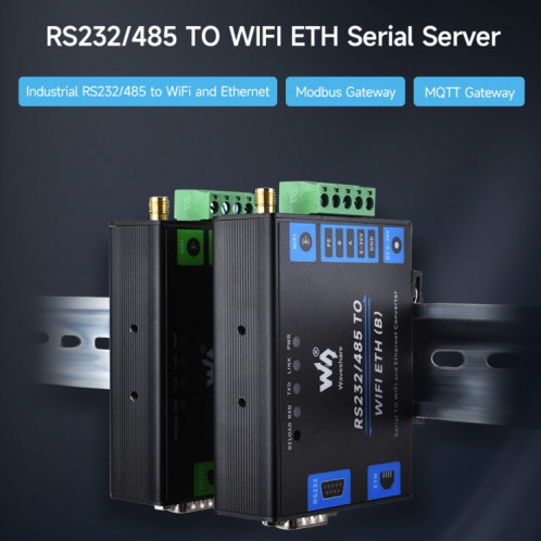 Serveur série de qualité industrielle Waveshare RS232/485 vers port réseau WiFi/Ethernet RJ45 SW3001641-021