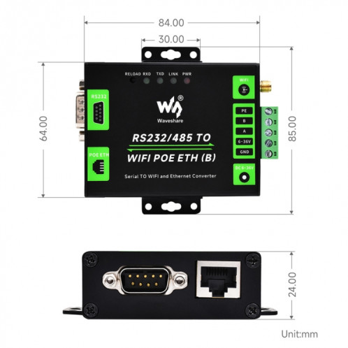 Serveur série de qualité industrielle Waveshare RS232/485 vers port réseau WiFi/Ethernet RJ45 SW3001641-021