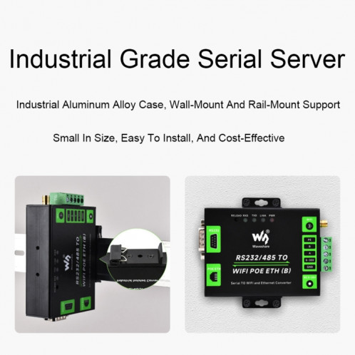 Serveur série de qualité industrielle Waveshare RS232/485 vers port réseau WiFi/Ethernet RJ45 SW3001641-021