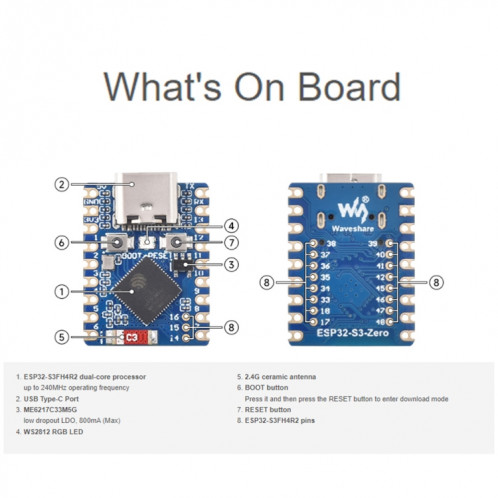 Waveshare ESP32-S3 Mini carte de développement, basée sur le processeur double cœur ESP32-S3FH4R2 sans en-tête SW41011545-09