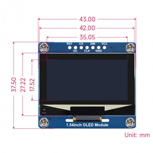 Module d'affichage OLED Waveshare 1,54 pouces, résolution 128 × 64, communication SPI / I2C (bleu) SW401B1887-011