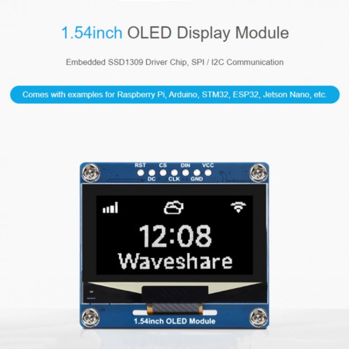 Module d'affichage OLED Waveshare 1,54 pouces, résolution 128 × 64, communication SPI / I2C (blanc) SW401A1779-011