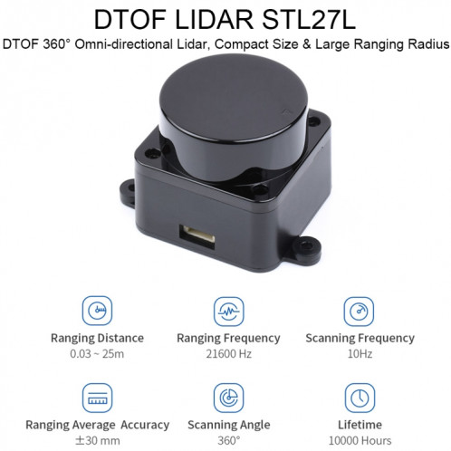 Capteur Lidar Laser Waveshare 24782 DTOF STL27L, Lidar Omnidirectionnel 360°, Bus UART SW5285761-016