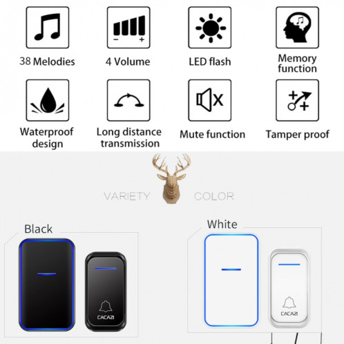CACAZI Home Smart Digital Wireless Doorbell Sonnette électronique à distance téléavertisseur pour personnes âgées, Style: Prise UE (Noir) SC402B231-011