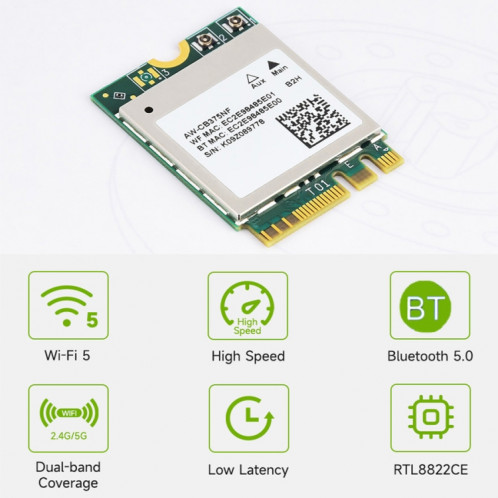 Carte réseau sans fil WiFi 5 double bande Waveshare 24780 AW-CB375NF 2,4 G/5 GHz, cœur RTL8822CE-CG, prend en charge BLE SW53171910-010