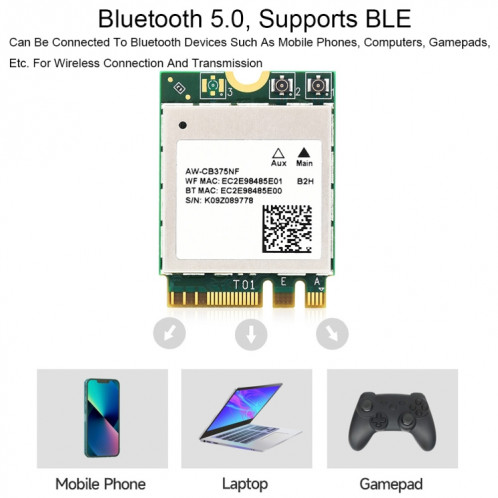 Carte réseau sans fil WiFi 5 double bande Waveshare 24780 AW-CB375NF 2,4 G/5 GHz, cœur RTL8822CE-CG, prend en charge BLE SW53171910-010