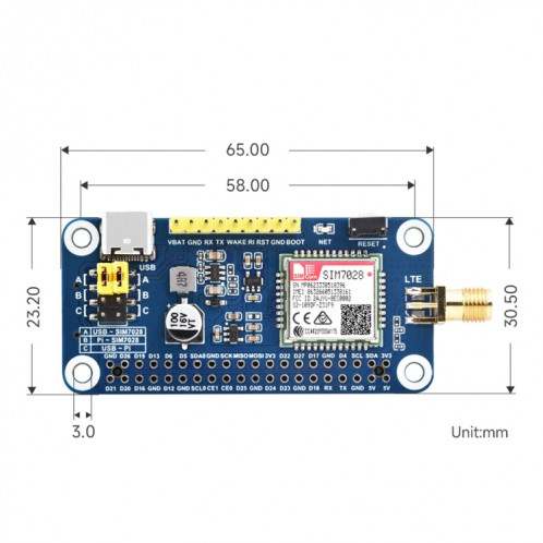Waveshare 25349 SIM7028 NB-IoT HAT pour Raspberry Pi, prend en charge la communication NB-IoT à bande mondiale SW53209-010