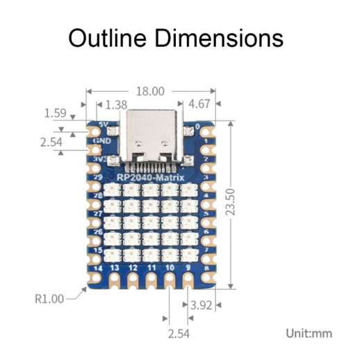 Carte de développement de processeur double cœur Waveshare 24594 5 × 5 RVB LED Matrix RP2040 SW5335733-09