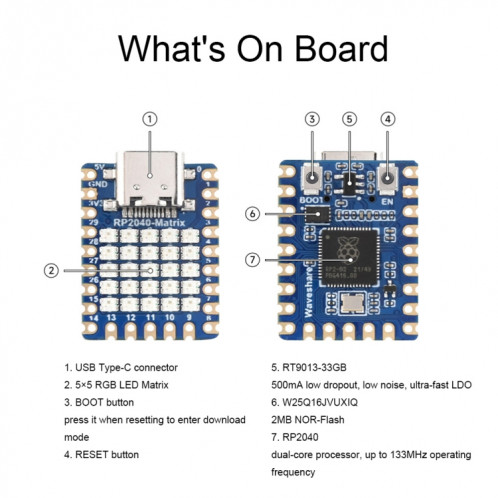 Carte de développement de processeur double cœur Waveshare 24594 5 × 5 RVB LED Matrix RP2040 SW5335733-09
