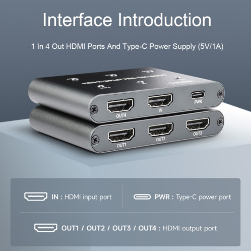 Répartiteur HDMI Waveshare 23738 4K, 1 entrée 4 sorties, partagez une source HDMI SW5338421-06