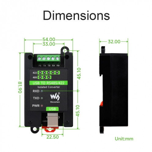 Convertisseur isolé Waveshare 23949 USB vers RS485/422, FT232RL et SP485EEN SW57311601-07