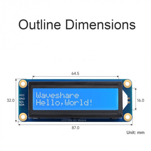 Waveshare 23991 LCD1602 Module I2C, Blanc avec Fond Bleu, 16x2 Caractères, 3.3V/5V SW7557920-06