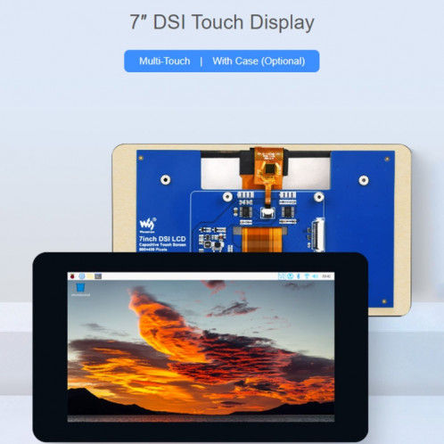 Écran tactile capacitif Waveshare 7 pouces 800 × 480 IPS, interface DSI, contact 5 points avec étui SW95021399-018