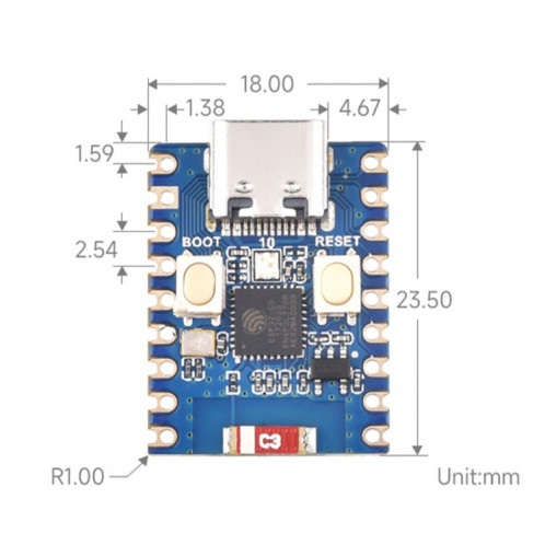 Waveshare 2,4 GHz ESP32-C3 Mini carte de développement, basé sur un processeur monocœur ESP32-C3FN4 avec en-tête SW97021603-010