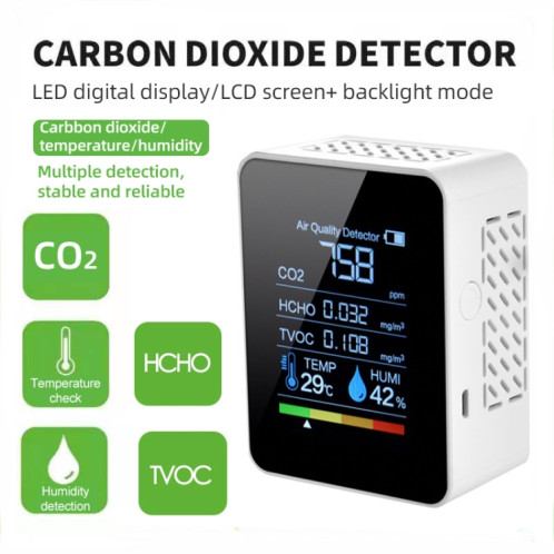 TVOC1 Portable CO2 Qualité de l'air Portable Détecteur de dioxyde de carbone Hygromètre de température intérieure avec écran numérique LED (blanc) SH507W1354-06