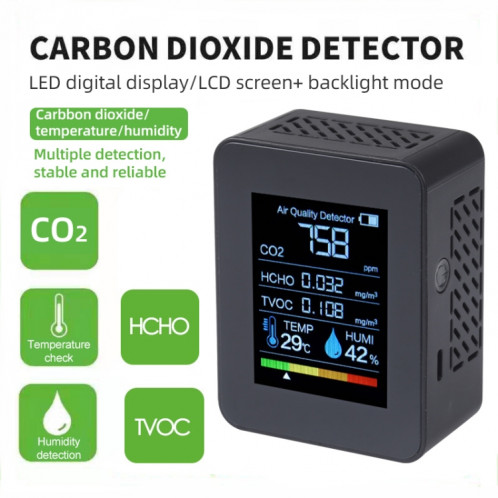 TVOC1 Portable CO2 Qualité de l'air Formaldéhyde Détecteur de dioxyde de carbone Hygromètre de température intérieure avec écran numérique à LED (noir) SH3507415-08