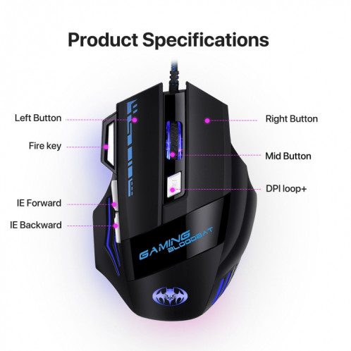 Gaming Bloodbat GM02 7 Keys USB Wired OpoElectronics Jeu Mouse Digital Respiratory Lights Souris SG45011244-07