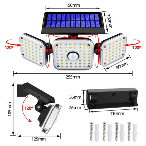 112 lumières murales rotatives à 3 têtes solaires LED à 3 têtes humains Sens de jardin imperméable extérieur extérieur SH1601186-07