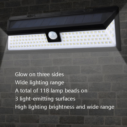 TG-TY00401 118 LED Solaire 3 côtés Flux de mouvement de détection de mouvement de mouvement de mouvement de jardin extérieur couloir de jardin de jardin SH04011141-07