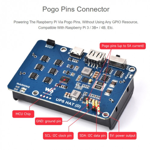 Waveshare 25567 pour Raspberry Pi UPS HAT (D), connecteur Pogo Pins, sans batterie SW6859533-014
