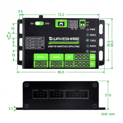 Waveshare 25411 Convertisseur USB 3,3/5 V vers UART/I2C/SPI/JTAG, prend en charge plusieurs interfaces SW68601195-010