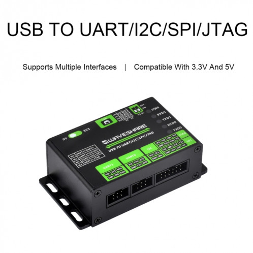 Waveshare 25411 Convertisseur USB 3,3/5 V vers UART/I2C/SPI/JTAG, prend en charge plusieurs interfaces SW68601195-010