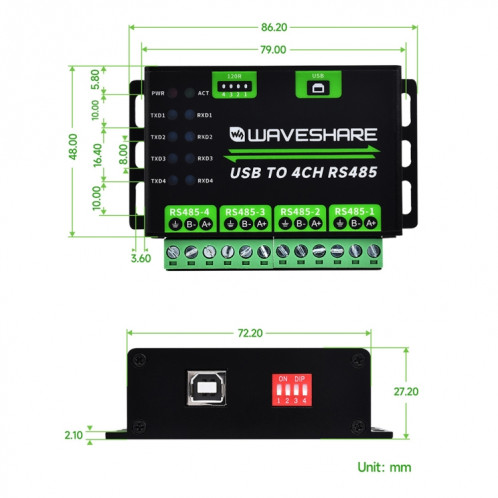 Waveshare 25219 Convertisseur USB industriel vers 4Ch RS485 SW687391-010
