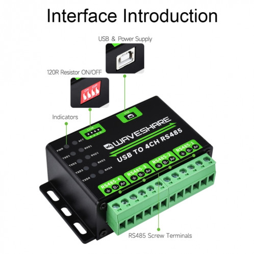 Waveshare 25219 Convertisseur USB industriel vers 4Ch RS485 SW687391-010