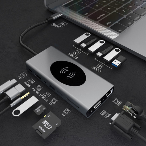 BX15W USB HUB Type-C Station d'accueil avec fonction de charge sans fil (15 en 1) SH001A1218-07