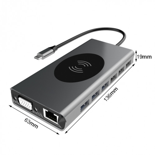 BX15W USB HUB Type-C Station d'accueil avec fonction de charge sans fil (15 en 1) SH001A1218-07
