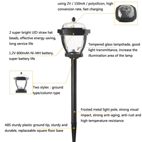2 LED Solaire Étanche Etanche Jardin, Style: Blanc Capuchon de la colonne de lumière SH23031630-06