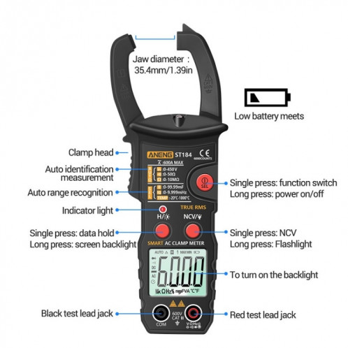 ANENG ST184 identifie automatiquement le multimètre numérique SMART SMART (jaune) SA101C12-07