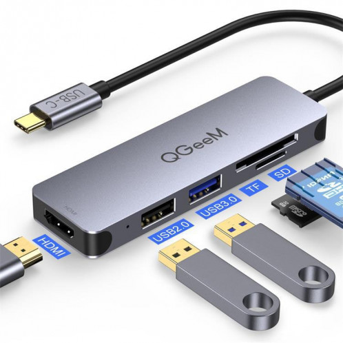 QGeem QG-UH05-4 5 en 1 Adaptateur de hub de type C compatible avec le lecteur SD / TF (5 ports) SQ801A1892-07