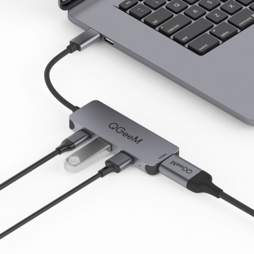 QGeem UH04-1 4 sur 1 Adaptateur de moyeu d'extension multifonction de type multifonction USB 3.0 (gris argenté) SH401A1594-07