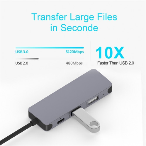 QGeem UH04-1 4 sur 1 Adaptateur de moyeu d'extension multifonction de type multifonction USB 3.0 (gris argenté) SH401A1594-07