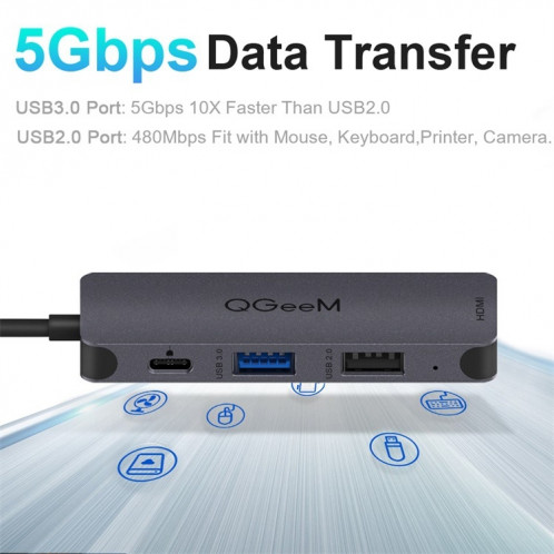 QGeem UH04-1 4 sur 1 Adaptateur de moyeu d'extension multifonction de type multifonction USB 3.0 (gris argenté) SH401A1594-07