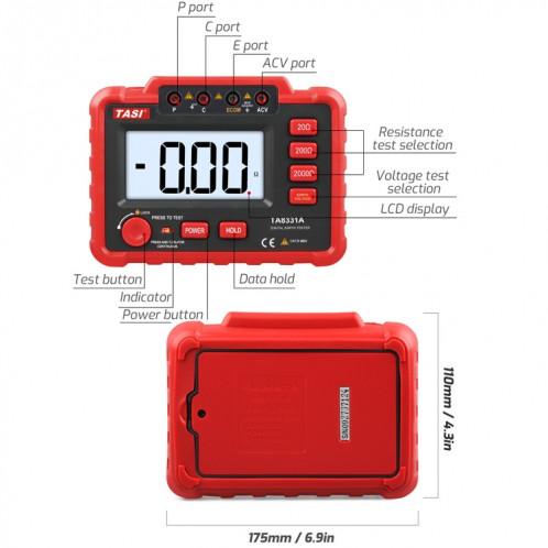TASI TA8331A Testeur de résistance au sol Haute précision de résistance au sol numériquement ST08261824-07