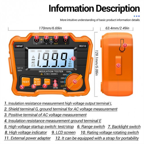 Testeur de résistance d'isolement de haute précision numérique aneng MH10 (orange) SA101A233-07