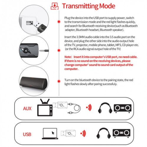 2 PCS 5.0 Emetteur Bluetooth Transmetteur Aux Adaptateur audio à double sortie USB USB SH2139423-07